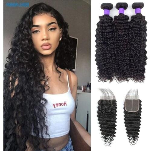Fashion Deep Wave Bundles With Closure Brazilian Human Hair Deep Curly Bundles With Closure Remy 3/4 bundles With Lace Closure