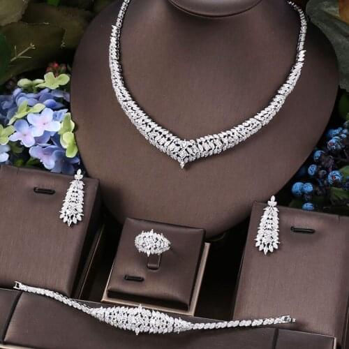 Janekelly 4pcs Bridal Zirconia Full Jewelry Sets For Women Party, Luxury Dubai Nigeria CZ Crystal Wedding Jewelry Sets