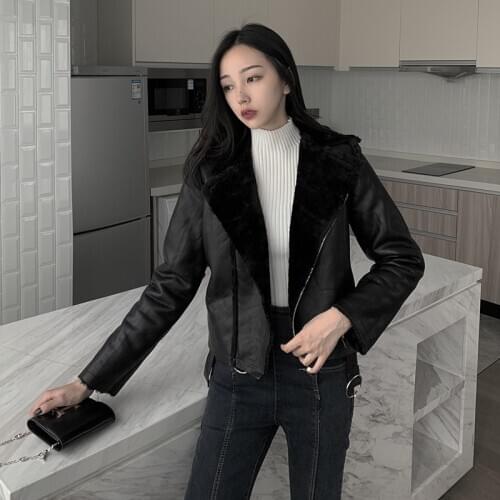 New Women Thick Faux Leather Fur Sheepskin Coat Female Winter Lapel Belt Berber Fleece PU Jacket Casual Warm Fur Outerwear