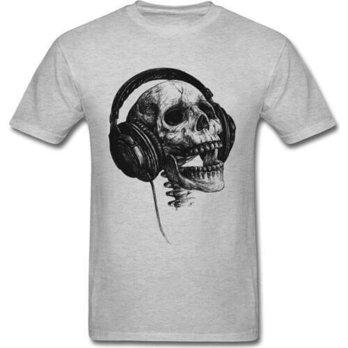 Music Forever Tops Tees 2018 Mens T Shirt DJ Skull Tshirt Headphone Skull Print T-shirt Cotton Fabric Clothes Grey Free Shipping