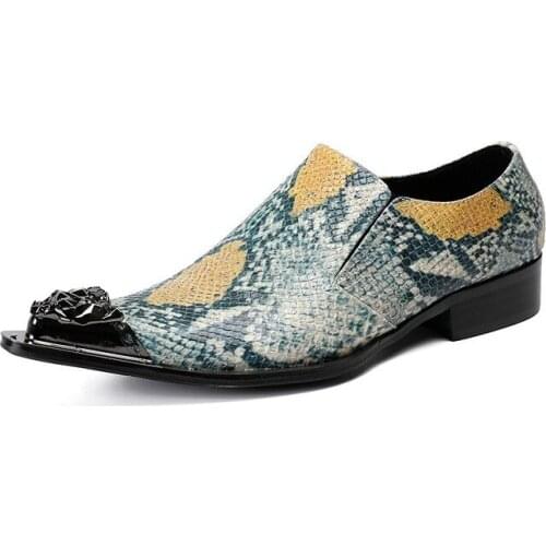 New Genuine Leather Men Office Oxford Shoes Pointed Snakeskin Gradient Dress Shoes Mixed Color Fashion Men Party Social Shoes