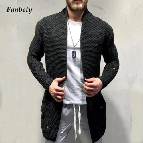 Autumn Casual Solid Mens Knitted Cardigan Top Long Sleeve Sweater Coat Men Winter Fashion Pocket Turn-down Collar Long Outerwear