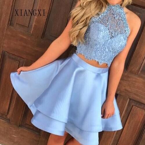Sky Blue Two Pieces Homecoming Dress Lace High Collar Short Party Dresses Formal Graduation Dress