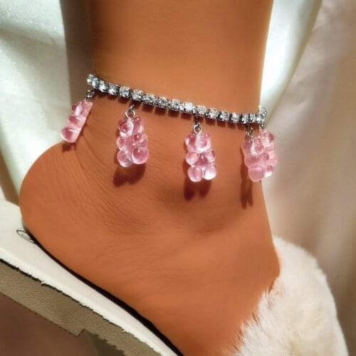 Cute Resin Mini Bear Pendant Anklets Bling Rhinestone Beach Jewelry Leg Chain Ankle Bracelet for Women Summer Sandals Foot Chain