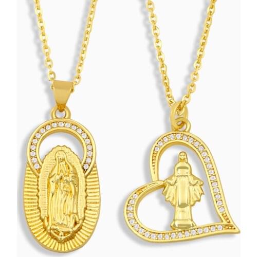 FLOLA Gold Vermeil Virgin Mary Necklace For Women Heart Pendant Necklace CZ Pave Religious Jewelry virgen de guadalupe nkeu24