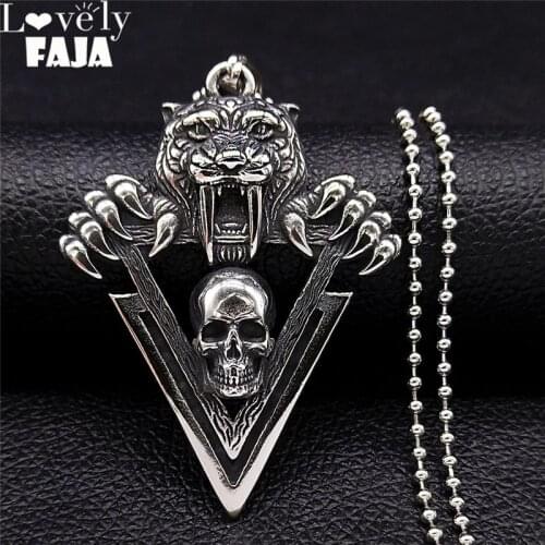 Stainless Steel Punk Gothic Tiger Skeleton Long Big Charm Necklaces for Women/Men Jewelry collar acero inoxidable N209S03