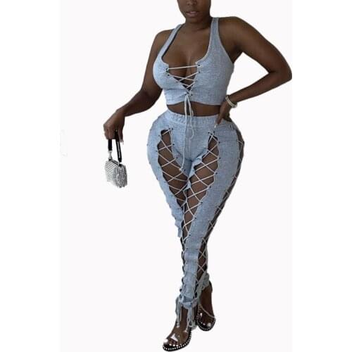Sexy Grommet Cross Lace Up Drawstring Two Piece Set Women Outfits Casual Streetwear V Neck Crop Top + Pants Suit Matching Set