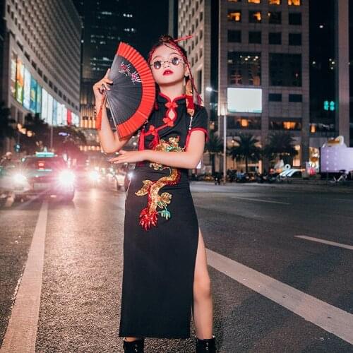 New Kids Street Dance Performance Dress Chinese Style Girls Catwalk Show Cheongsam ChildrenS Day Jazz Hip Hop Costumes DQL5431