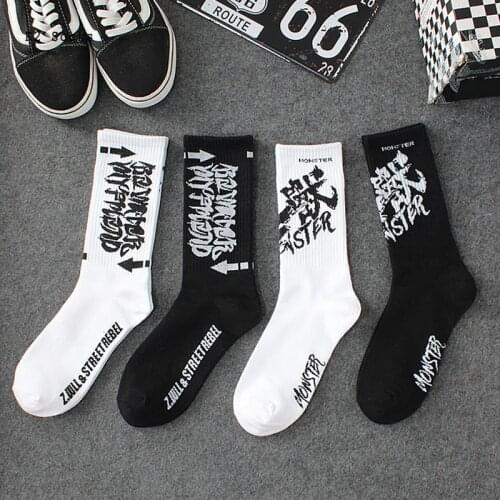 Simplicity Letter Monster Socking Cotton Harajuku Fashion White Black Chinese Soft HipHop Skateboard Trend Funny Men Women Socks