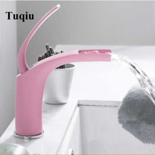 Bathroom Basin Faucet Pink Baking Solid Brass Faucet Sink Mixer Tap Hot and Cold Waterfall Basin Faucet Free Shipping