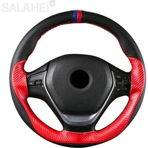 Universal 38CM Carbon Fiber Leather Color Matching Sports Hand-sewn Steering Wheel Cover Handle Non-slip Wear Braid Wheel Covers