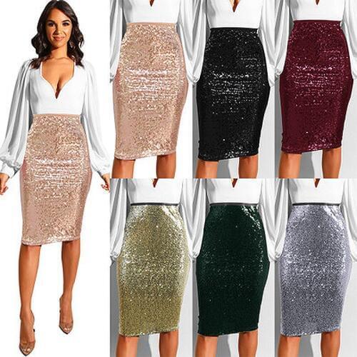 Women Solid Slim High Waist Skirt Sexy Push up Hip Zipper Sequin Bling Pencil Skirt Jupe Femme Faldas 2019 Fashion Style Skirts