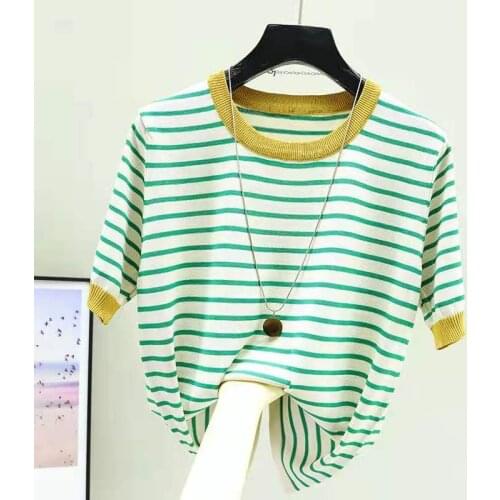 Summer Striped O-Neck Sweater Womens Short Sleeve Pullover Knitted Sweaters Fashion All-match Top Femme Casual Loose Pull Femme