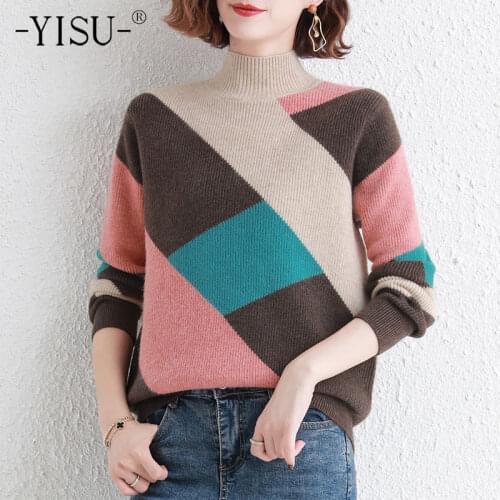 YISU 2020 Women Winter Sweater Half turtleneck Jumper Warm Stitching color Casual All-match Winter top Fashion Knitted pullover