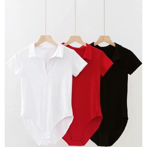 Women solid bodysuit turn-down neck short sleeve bodysuits skinny body