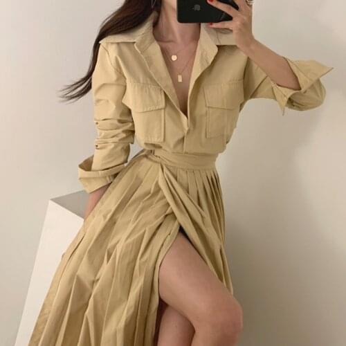 New arrival spring autumn safari style elegant dress women lapel high waist lace up pleated dress