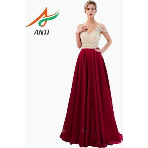 ANTI Evening Dress 2019 Sexy V-Neck Backless Robe de Soiree Luxurious Pearls Crystal Sequined Burgundy Women Formal Party Gowns