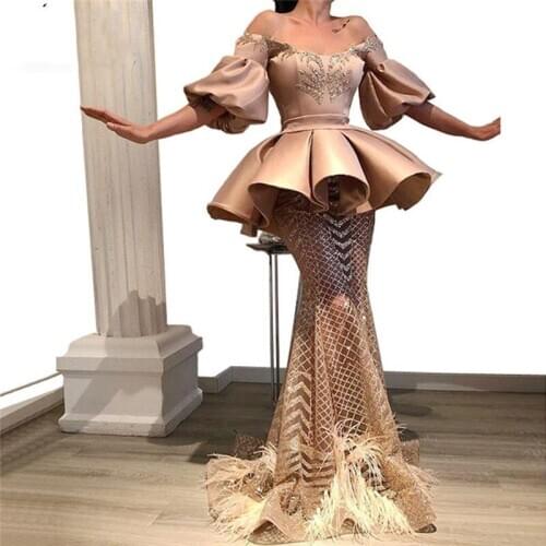 Abiye Vestido Formatura Evening Dress Formal Dresses Beads 2020 Lace Long Sheer Evening Prom Gowns Puff Sleeve robe de soiree