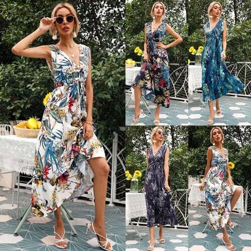 Vintage Floral Print Maxi Dress Women Summer Sexy V-Neck Sleeveless Ladies Dresses Beach Sundress Vestidos Ropa Mujer