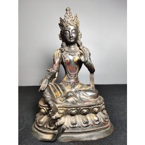 10" Tibet Buddhism Old Bronze Cinnabars comfortable White Tara Buddha Statue Guanyin Bodhisattva statue Enshrine the Buddha