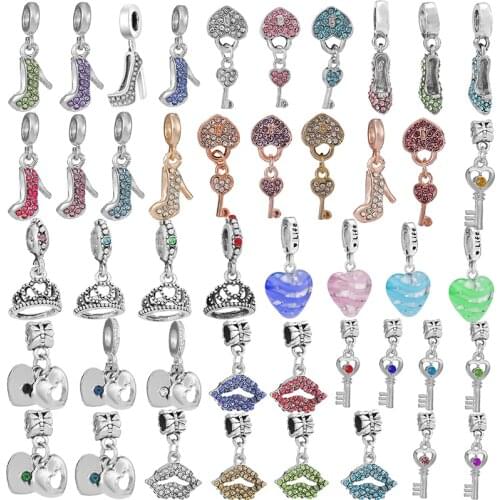 2Pcs New Fashion Love Heart Key High Heel Charm Beads Pendant Brand Bracelets Necklaces For Women Girlfriend DIY Jewelry Making