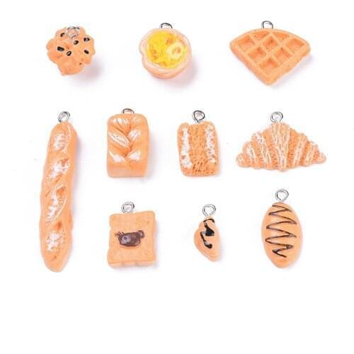 20Pcs 3D Bread Waffle Imitation Food Resin Pendants with Platinum Plated Iron Peg Bails DIY Earrings Keychain Jewelry Making