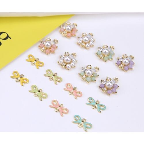 6pcs Korean Style 2020 Alloy Cute Pearl Pendant Small Flower Bow Earings For Girls Material Diy Handmade Jewelry Accessories