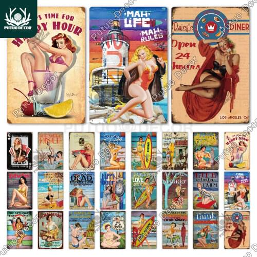 Pin Up Girl Plaque Metal Vintage Sexy Metal Sign Tin Sign Metal Poster Wall Decor for Bar Pub Club Man Cave Retro Signs