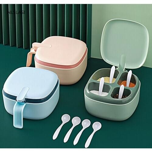 Environmental Plastic Seasoning Box With spoon Four grid Salt sugar pepper storage bottle Spice jar Kitchen storage container