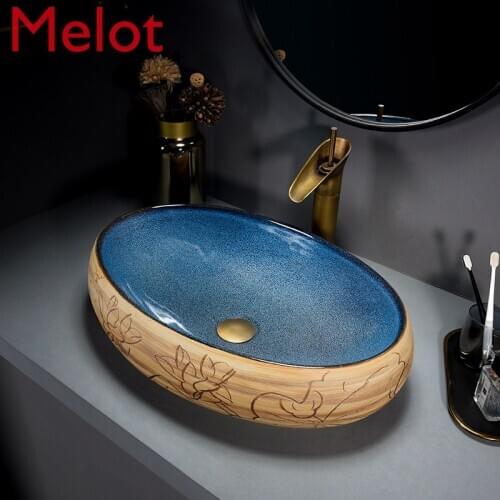 Ceramic Art Table Basin Retro Style Oval Wash Basin Homestay Hotel Bathroom Washbasin Home Single Basin
