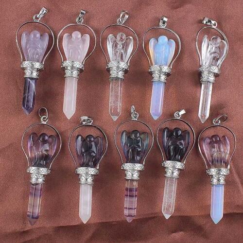 KFT Natuarl Healing Crystal Quartz Hexagonal Carve Angel Stone Pendulum Pendant Fluorite Pink Quartz Opalite Opal Women Jewelry