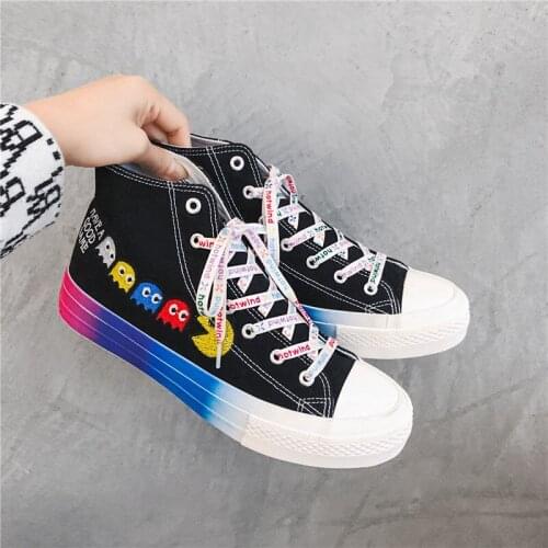 Fashion Black White Anime Mens Canvas Shoes Graffiti Print Chunky Man High Sneakers Breathable Espadrilles For Men Canvas Shoes