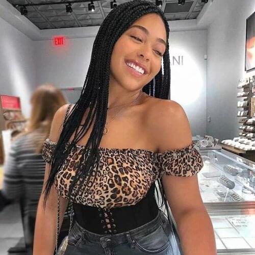 Leopard Print Patchwork T-shirt Outwear 2021 Sexy Women Off Shoulder Bodycon Lace-up Bustiers Corsets Summer Clubwear Tops