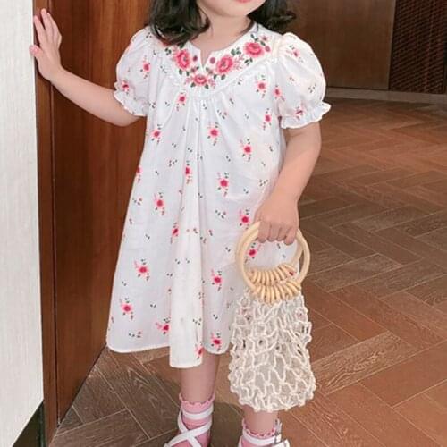Summer Dress 2021 New Short-sleeve Embroidery Floral Sweet Princess Dress Korean Kids Clothes Girl Dress 3-7Y