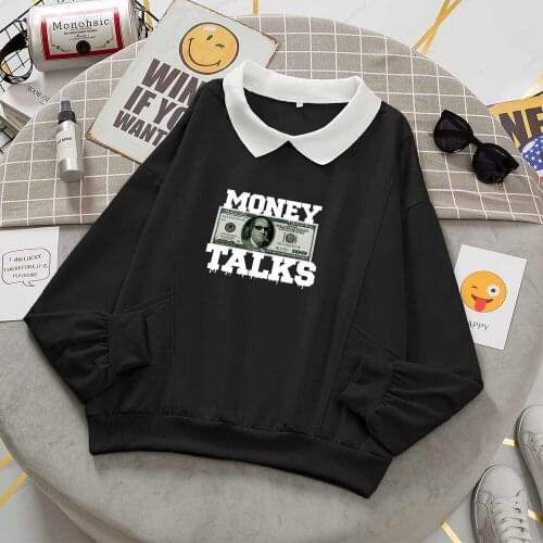 Kawaii Sweatshirt Harajuku Pullover Money Print Black Pullover Hoodie Collar Swearshirt Cute Clothes for Teen Girls Graphic Top