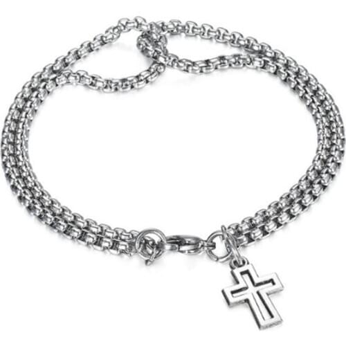 Fashion Punk Double Strand Chain Cross Pendant Charm Bracelet for Men Stainless Steel Rock Party Jewelry