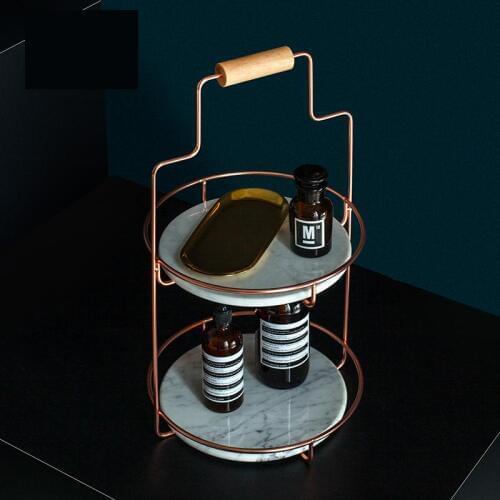 Natural Stone Marble Organizer Double Shelf Snack Tray Cake Tray Copper Shelf Dessert Plates With Handle