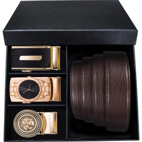 Barry.wang Men Belt Brown Cowhide 100% Leather Belt Gold Buckle Waist Strap Automatic Buckle Belt Male Gift Box Set Alloy Buckle