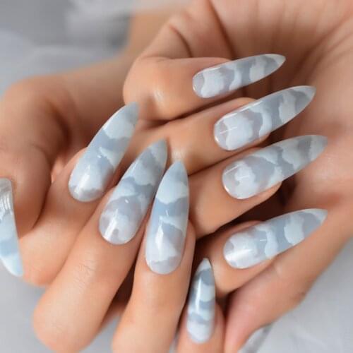 Sky Clouds Design Faux Ongles Extra Long Stiletto False Press On Nails Full Cover Acrylic Nail Set 24pcs