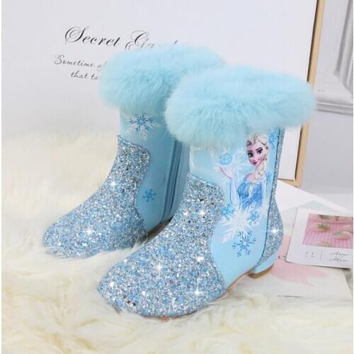 Frozen Elsa Princess Shoes Girls Cartoon Boots PU Leather Sequin Winter Boots Girls Genuine Wool Warming Mid-calf Boots Disney
