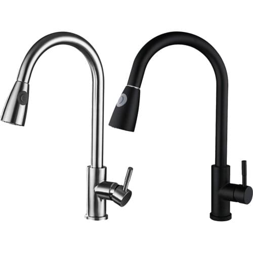 Single Handle Arc Brushed Pull Down Kitchen Faucets Single Level Stainless 360° Rotatable with Sprayer Diffuser Tap Universal
