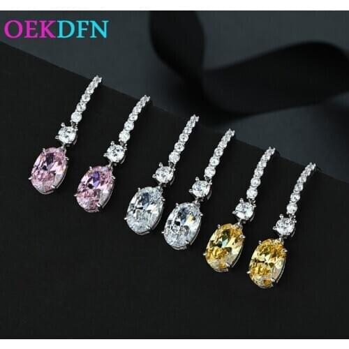 OEKDFN 100% 925 Sterling Silver Earrings Women Oval Cut Citrine Pink Sapphire Created Moissanite Gemstone Wedding Fine Jewelry