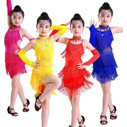 Kids Sequins Stage Tassels Competition Latin Dance Dress Girls Gymnastics Practice Party Dancing Dress Stage Dancewear costumes
