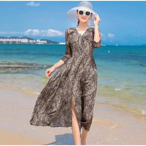 V-neck Printed Silk Dress 2021 Summer New Elegant Elegant Split Expansion Skirt Elegant Dress Vacation Skirt