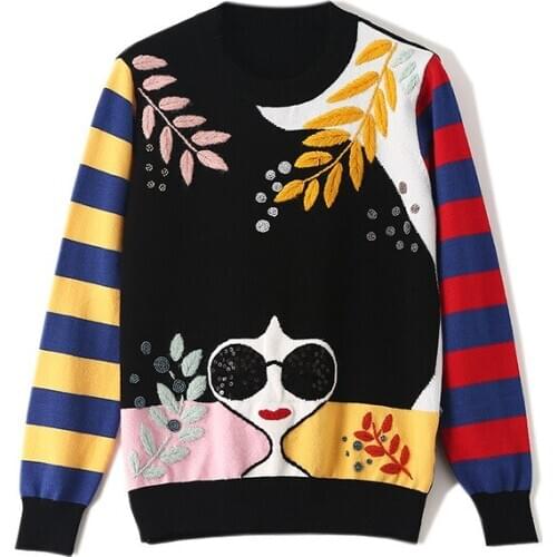 Embroidered Loose Warm Knitted Sweater Autumn Winter Fashion New Color Block Round Collar Striped Full Sleeve Oversized Pullover