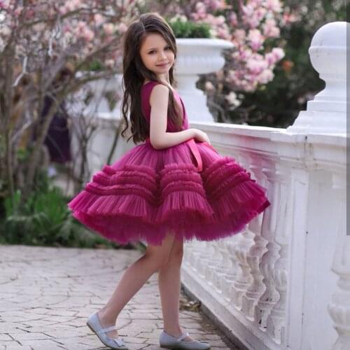 Dark Red Short Flower Girl Dresses V Neck Tiered Skirts Mini Girls Birthday Party Dress Christmas Party First Communion Gowns