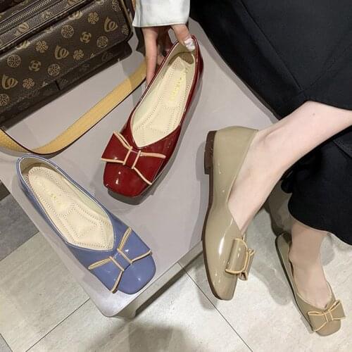 Women Flats Square Toe Slip on Shoes Patent Leather Boat Shoes Bowtie Ballet Flats Comfortable Ladies Shoe Zapatos Mujer 9284L