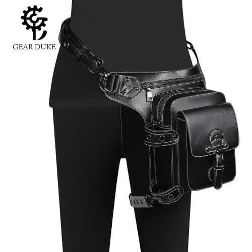 Vintage Steampunk Waist Bags Punk Rivets Shoulder Bag Man Cool Gothic Black PU Leather Travel Bag Men Womens Motorcycle Leg Bags