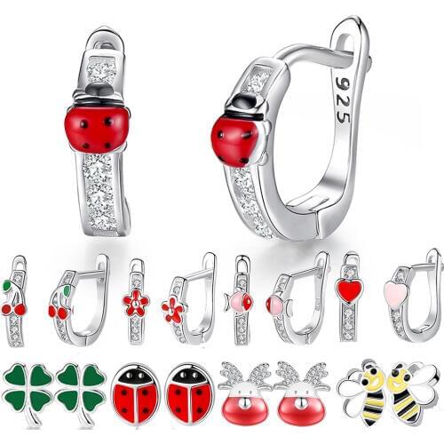 ELESHE 925 Sterling Silver Enamel Clover Ladybug Bee Stud Earrings for Women Girls Children Kids Fashion Jewelry Christmas Gift