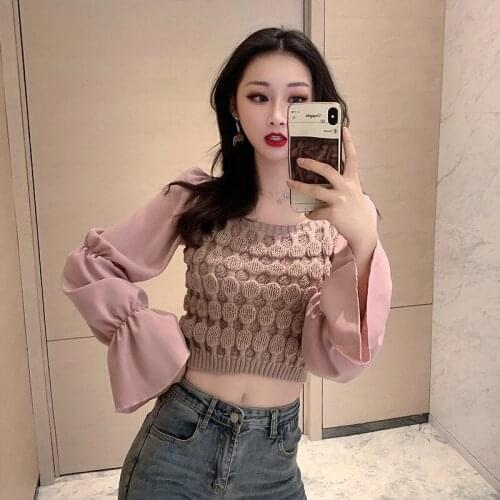 Womens Sweater 2020 New Spring Autumn Korean Fashion Short Wild Stitching Horn Sleeve Pullover knitting Sweaters Female A240
